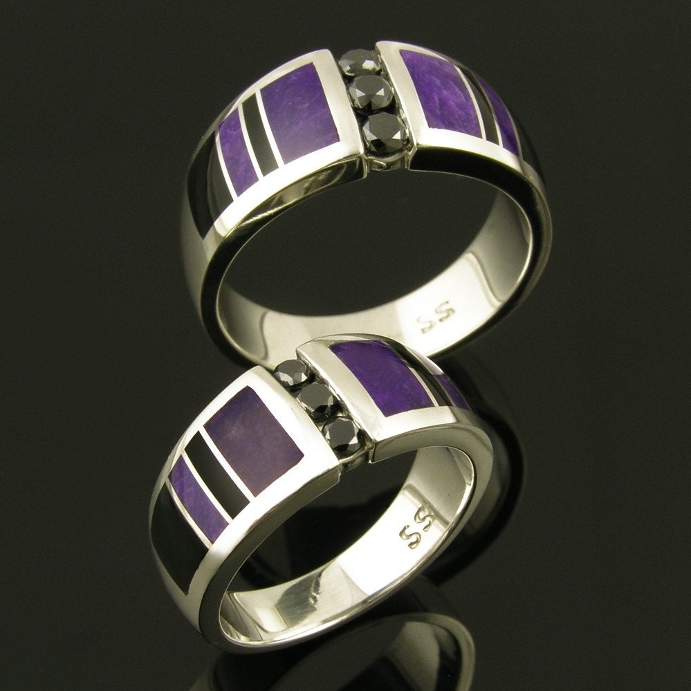 Ladies sterling silver black diamond ring inlaid with sugilite and onyx