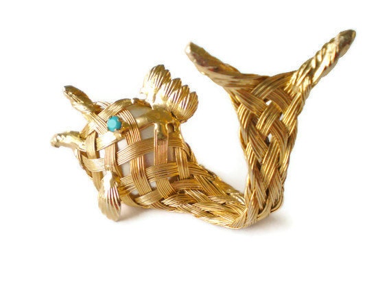 Vintage Fish Brooch Funky Woven Gold - FourthCoastVintage