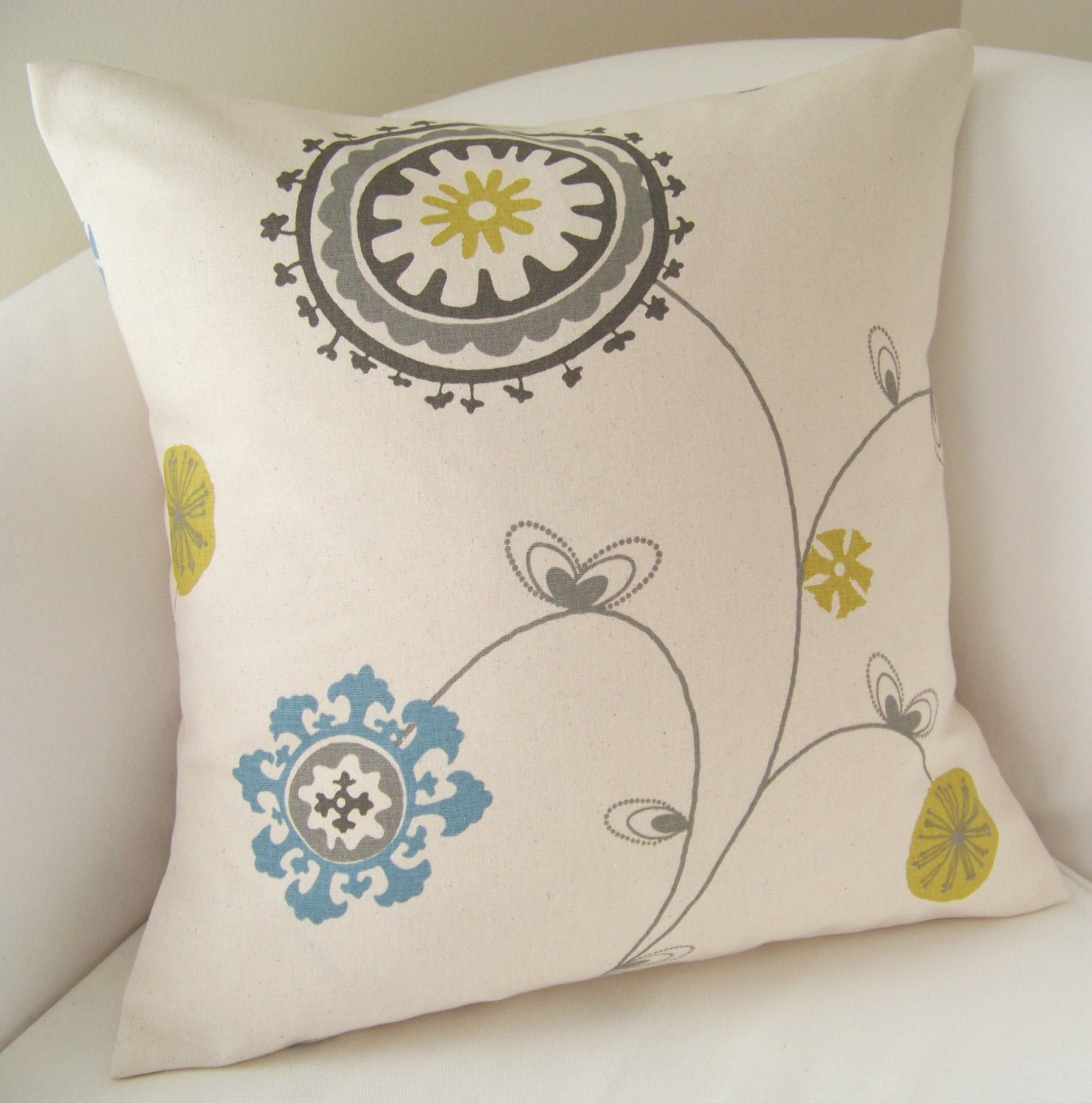 Suzani Pillow Cover 18x18 Decorative Pillow Accent Cushion Throw Gray Citrine Blue