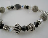 Handmade Jewelry Oxidized Sterling Silver Bead Jewelry Black Swarovski Crystal Bracelet Textured Shiny Clear Multi Shaped Toggle Closure
