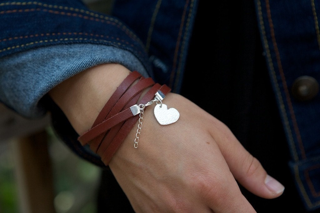 Fine Silver PMC Heart Charm Leather Wrap Bracelet