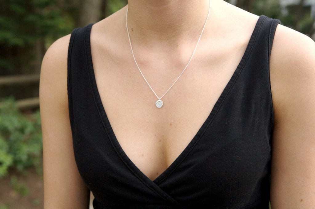 Simple and Sophisticated Fine Silver Circle Charm Necklace - Basket Weave - 18"