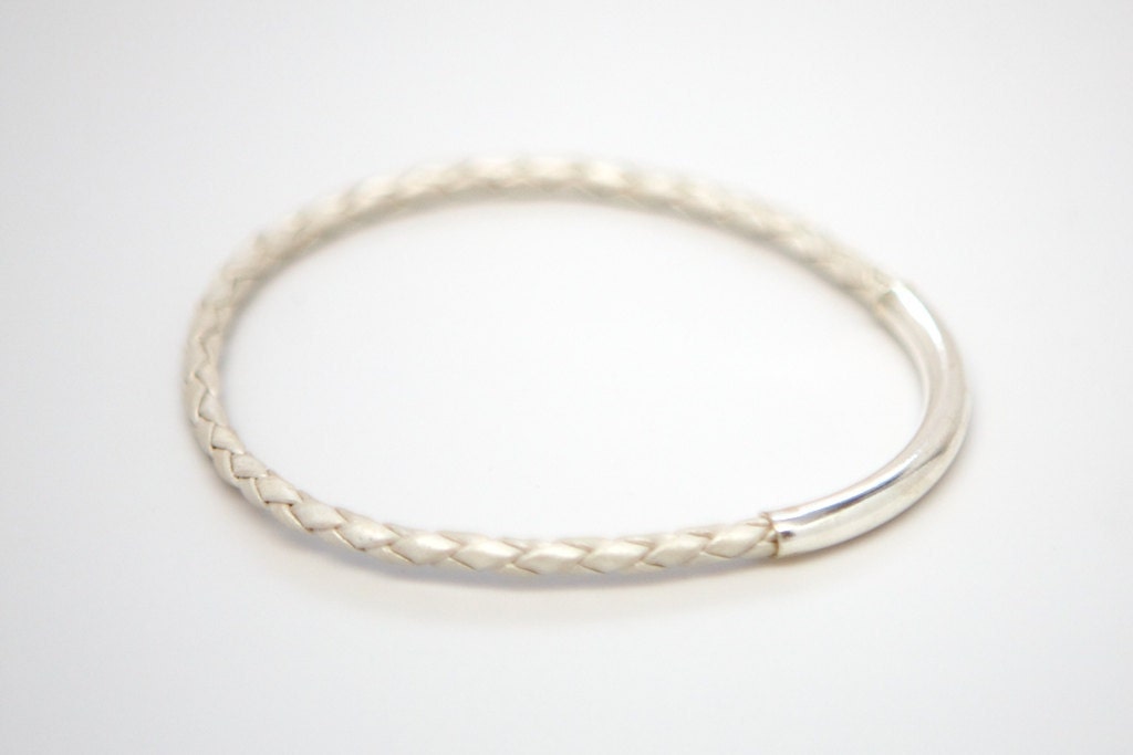 One Single Braided Leather and Sterling Silver Bangle