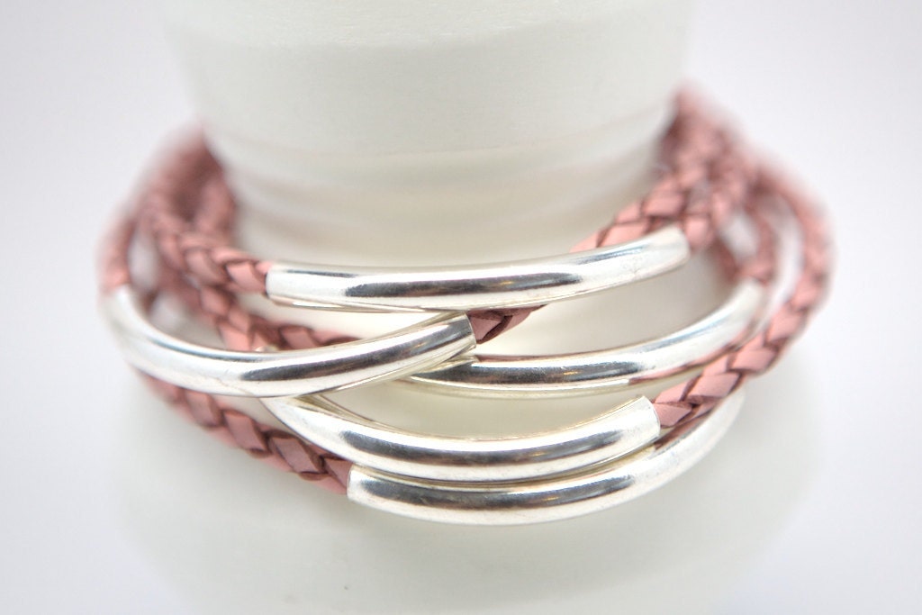 One Single Braided Leather and Sterling Silver Bangles