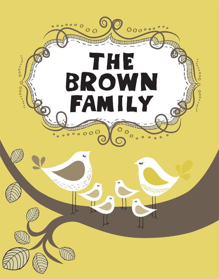 Family Name Personalized Wall Decor Print Art "MY FAMILY" Yellow Custom Personalized Wall decor, Custom Illustration Wall Decor Bird Print