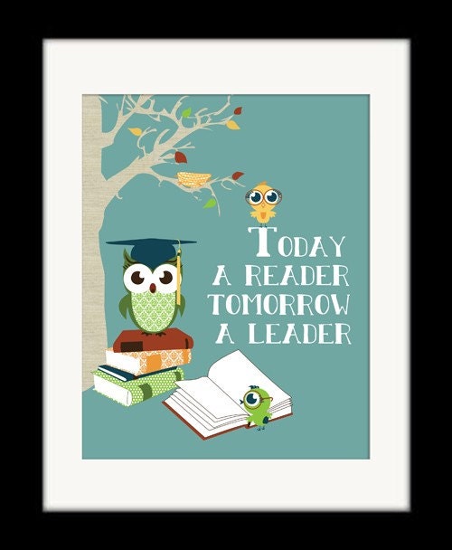 Owl Print Art for Kids Wall Decor "Today a Reader, Tomorrow a Leader" Classroom Wall Decor Owl Print, Digital Illustration Library Print