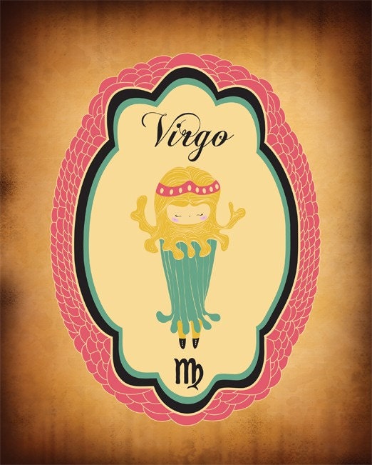 Virgo Zodiac Illustration Wall Decor, Horoscope Print Art "VIRGO" Zodiac Sign, Astrology Drawing Wall Art / Virgo Poster Pink, Blue, or Red