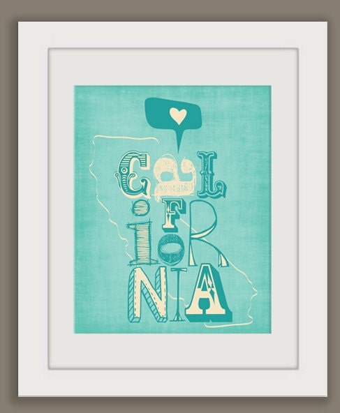 California Print Art Wall Hanging "I Heart California" Blue, Yellow, Red or Green, Digital Illustration California State Map Poster