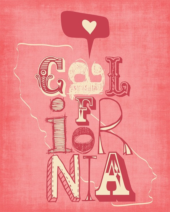 California Print Art Wall Hanging "I Heart California" Blue, Yellow, Red or Green, Digital Illustration California State Map Poster