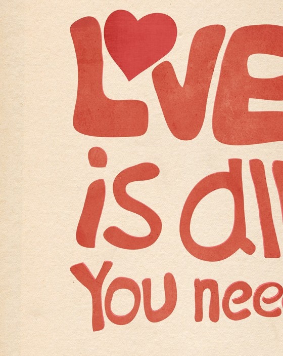 Typographic Love Quote, "Love is all you need"  Typography Bedroom Art, Red Typographic Love Print / Poster with Inspirational Love Saying