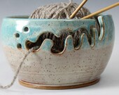 Bridges Pottery Yarn Bowl Knitting Creme and Turquoise Showcased by Vogue KNitting IN STOCK