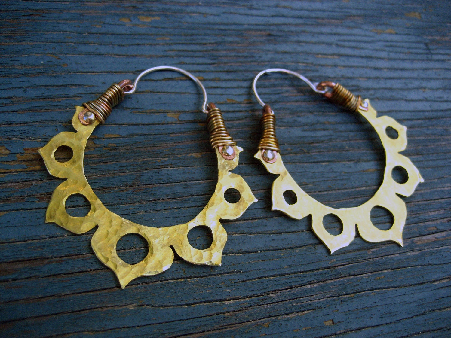 Lotus Flower Hoop Earrings, Yoga inspired, Mixed Metal, Meditation Jewelry, Golden, Gypsy