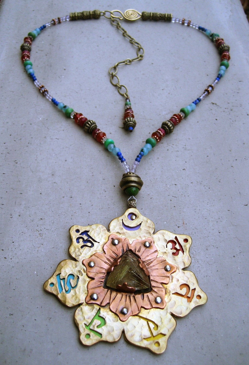Chakra Necklace, 7 Chakra Pendant, Chakra Symbols, Lotus Flower, Rutilated Quartz, Energy Healing, Mandala, Chakra Jewelry