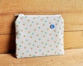 Grey Floral Zipper Pouch with Blue Vintage Button