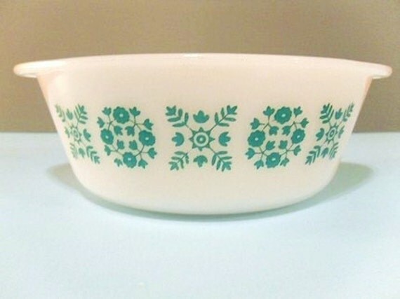 Vintage Glasbake One and One Half Quart Baking Dish White with Powder Blue Floral Pattern USA