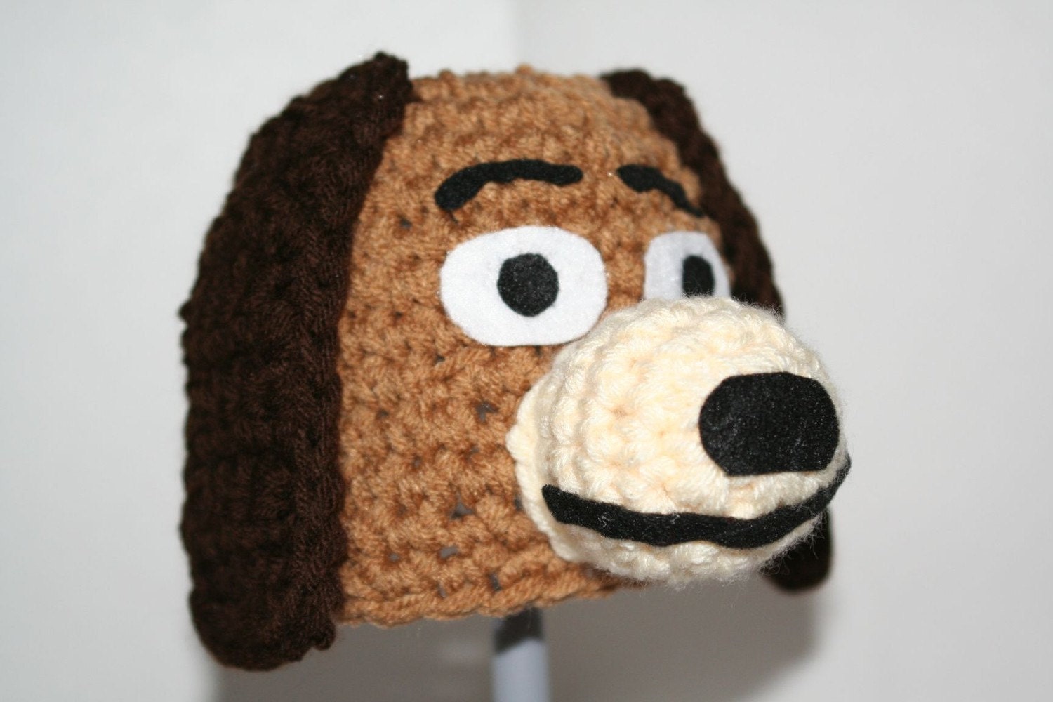 Baby size unique winter hat made to look like a brown dog - inspired by Slinky on Toy story - Halloween costume for baby