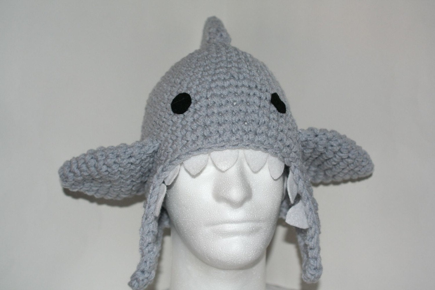 Adult size very unique shark hat  - handmade crochet with ear flaps fun winter hat - Made to order