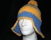 XL Handmade winter hat periwinkle blue and yellow with ear flaps and a yellow pom pom