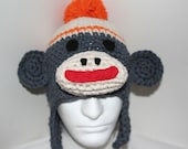 ALL COTTON YARN sock monkey hat  in orange and gray- unique handmade character hat made to look like a sock monkey