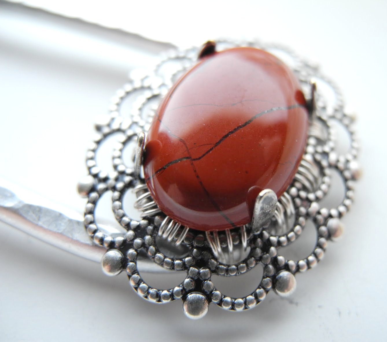 Made to Order Metal Hair Fork  - Aluminum and Red Jasper Cabochon
