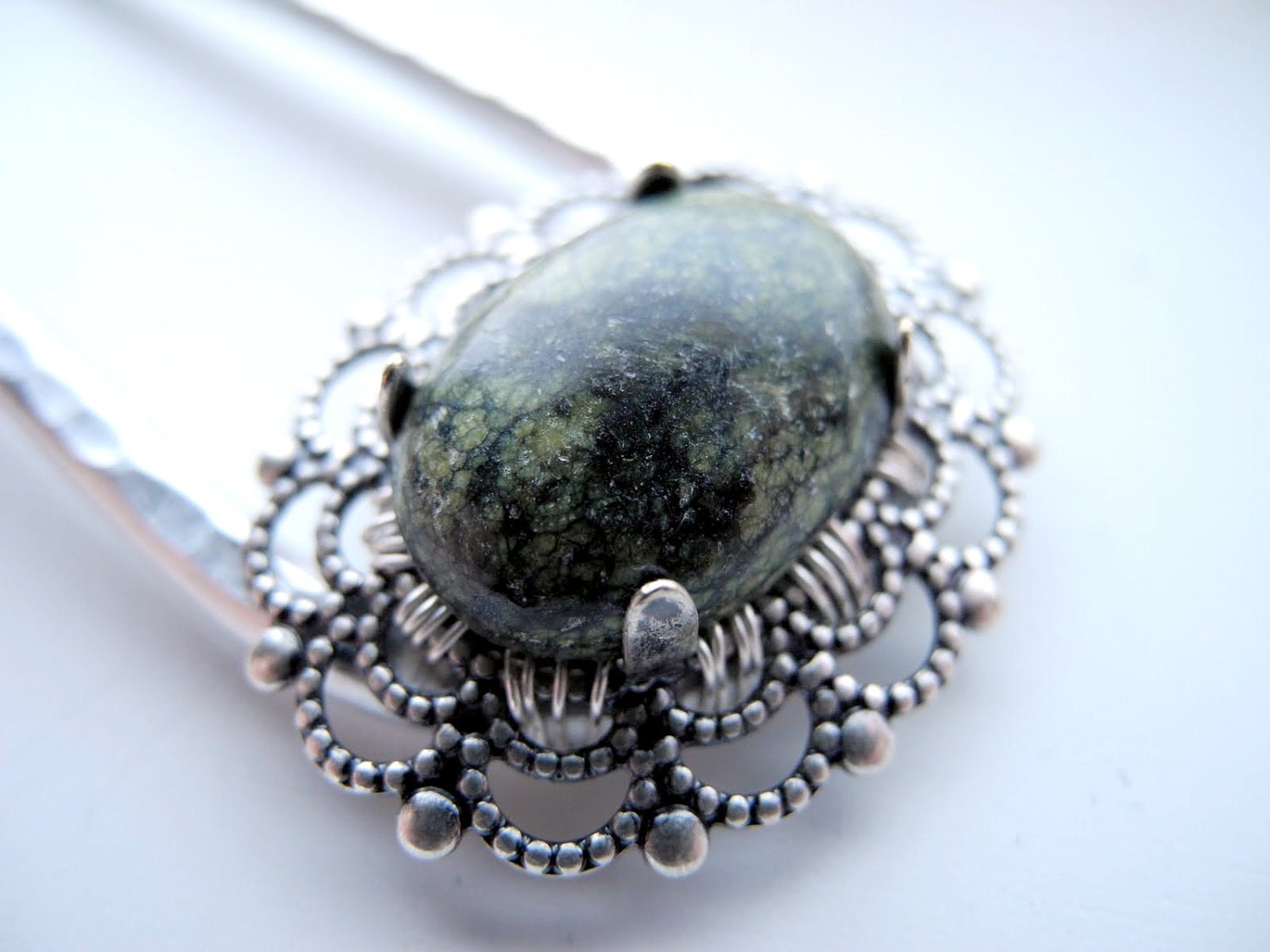 Made to Order Metal Hair Fork - Russian Serpentine Cabochon, silver tone hair pin, hair stick