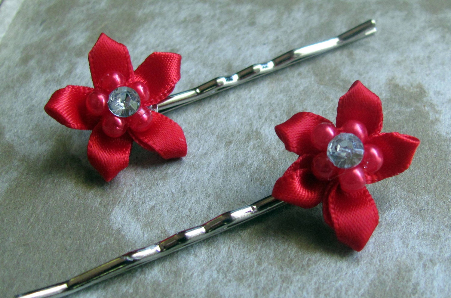 Red Ribbon Starflower Bobby Pins
