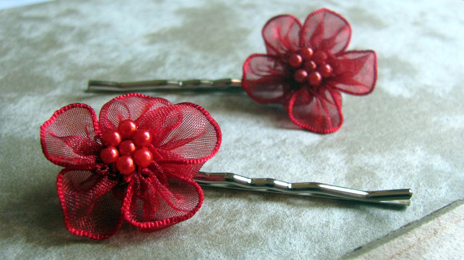 Red Blossom and Pearls Bobby Pins
