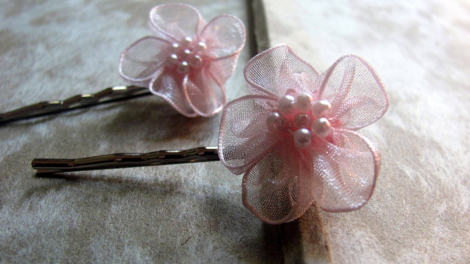 Sheer Pink Blossom and Pearls Bobby Pins
