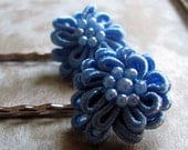 Cornflower blue flower and pearl bead bobby pins