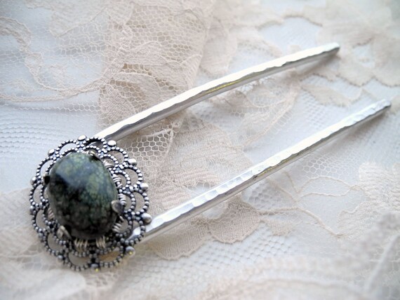 Made to Order Metal Hair Fork - Russian Serpentine Cabochon, silver tone hair pin, hair stick