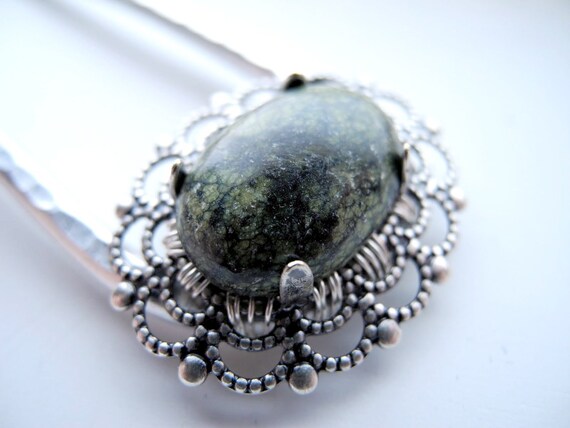 Made to Order Metal Hair Fork - Russian Serpentine Cabochon, silver tone hair pin, hair stick