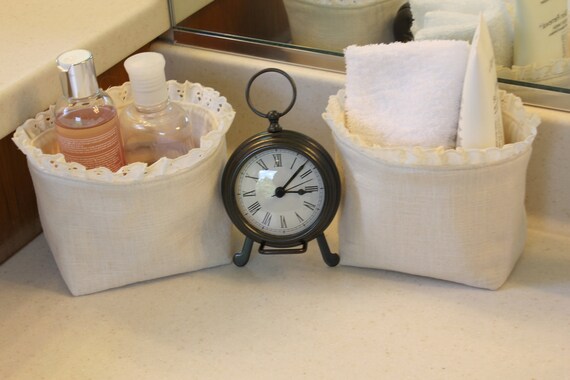 SALE - A Pair of Natual Linen and Eyelet Lace Fabric Baskets