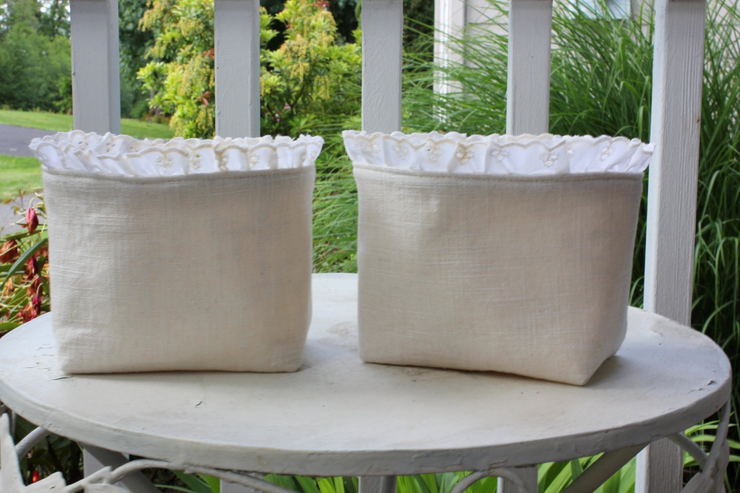SALE - A Pair of Natual Linen and Eyelet Lace Fabric Baskets