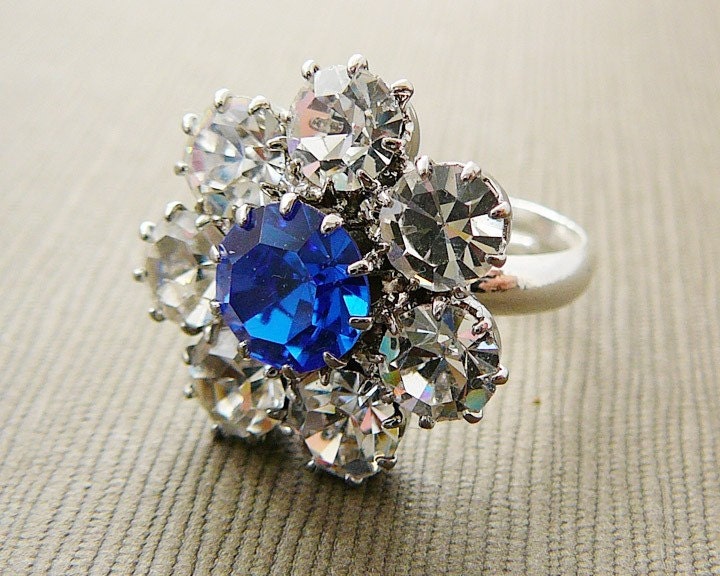 Ring, Flower, Sapphire Blue and Clear, Silvertone and Czech Rhinestones