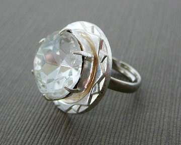 Rhinestone Bling Ring, Top Hat, Clear Czech Rhinestone, Silver Tone