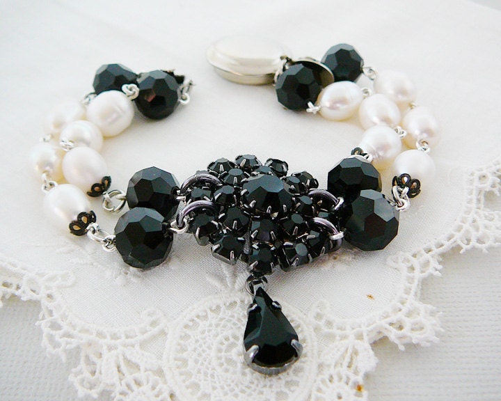 Statement Pearl Bracelet, Silvertone, Black, Czech Rhinestone, Wedding, Vintage Bride