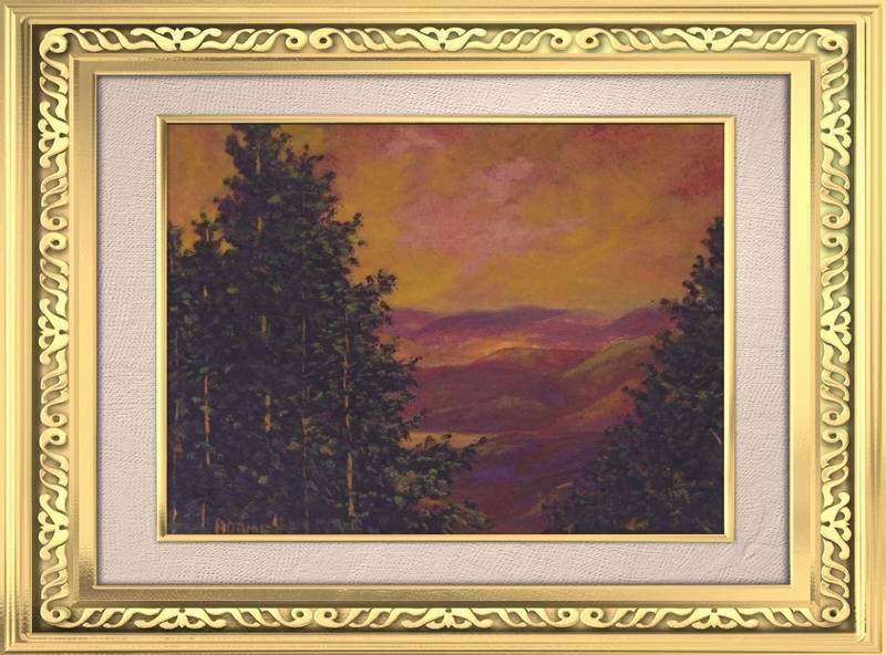Southwest Rocks Sundown Sunset Evergreens Pine Trees Gold Yellow Purple Pink Mauve 9x12 Original Painting Fall Sale