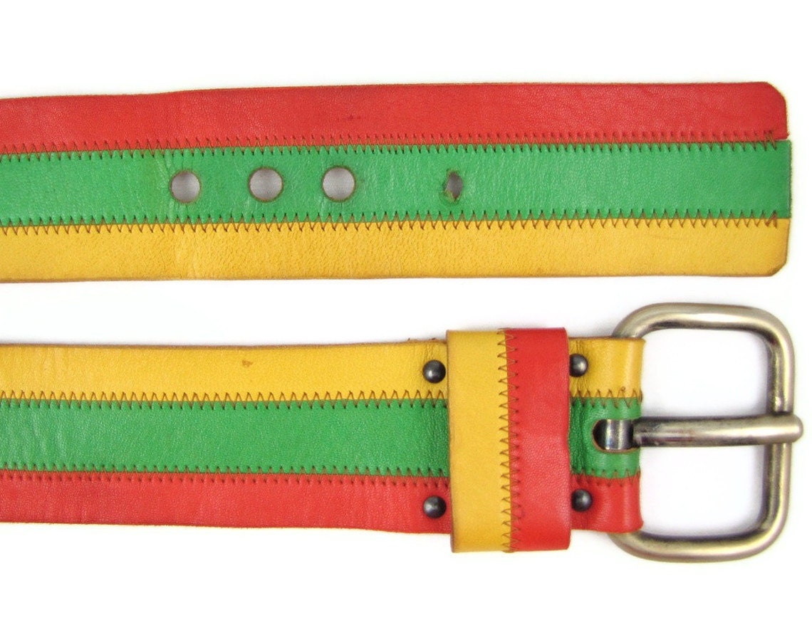 What A Waist - Vintage 1960s-70s Tricolor Stripe Leather Belt, Orange, Green, & Yellow, Size Large, 31.5"-33.5"