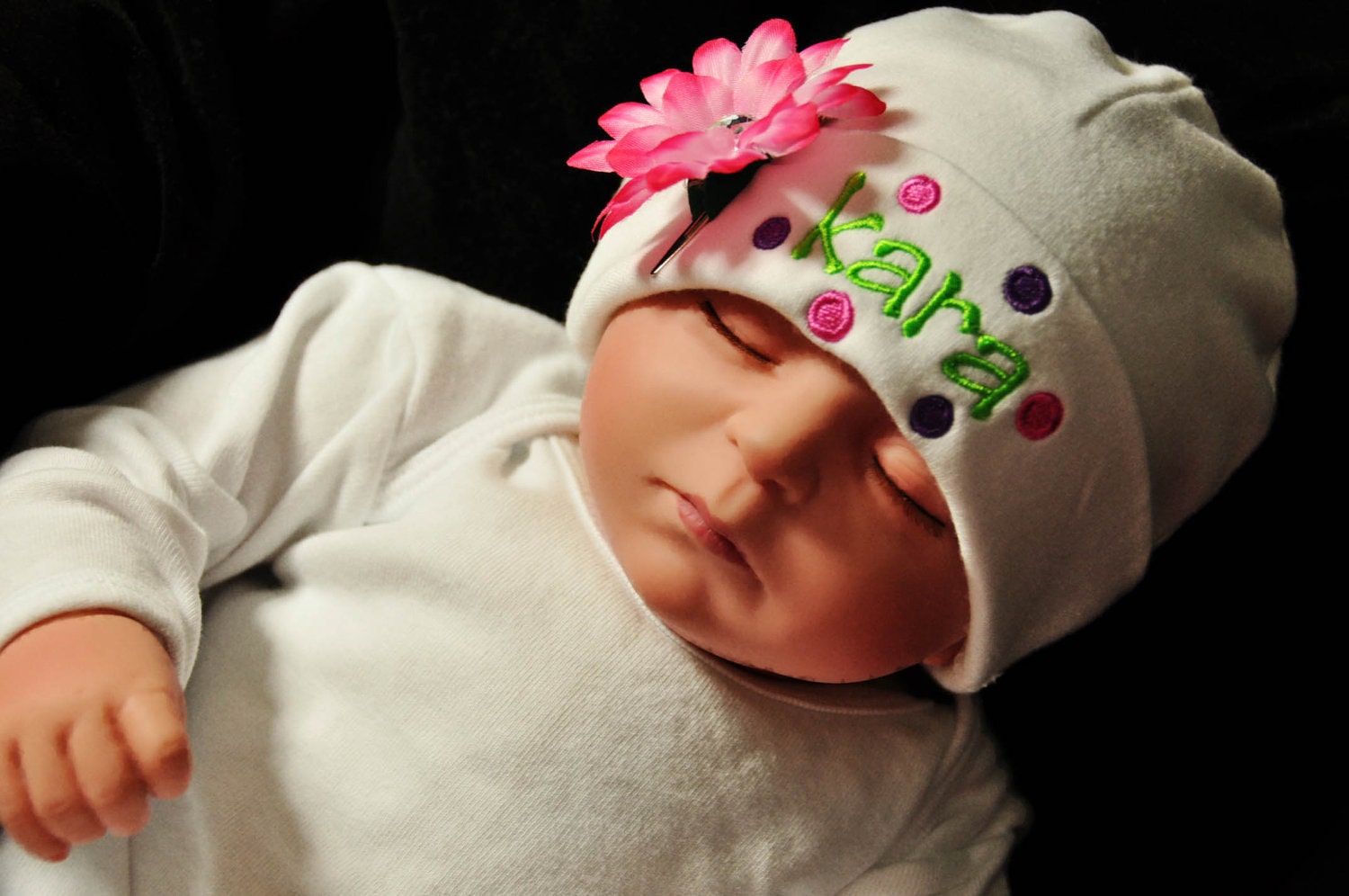 Baby Girl Beanie Hat Personalized with Name Polka Dots and Flower
