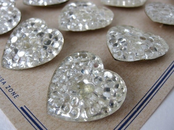 Vintage Glass Buttons. Mirrored Hearts Foiled, Shanks, West Germany 1940s but0101 (2)