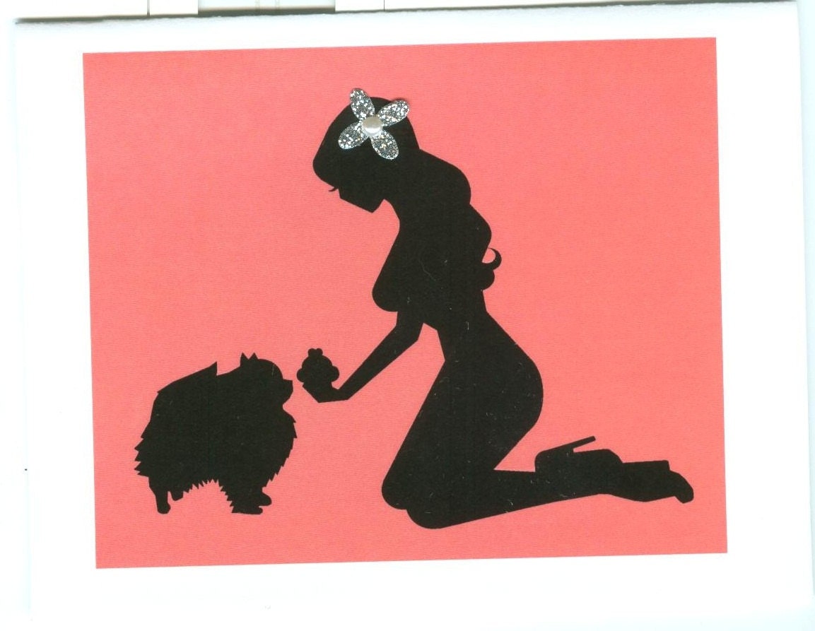 Pomeranian and Pin Up Silhouette Blank Note Card