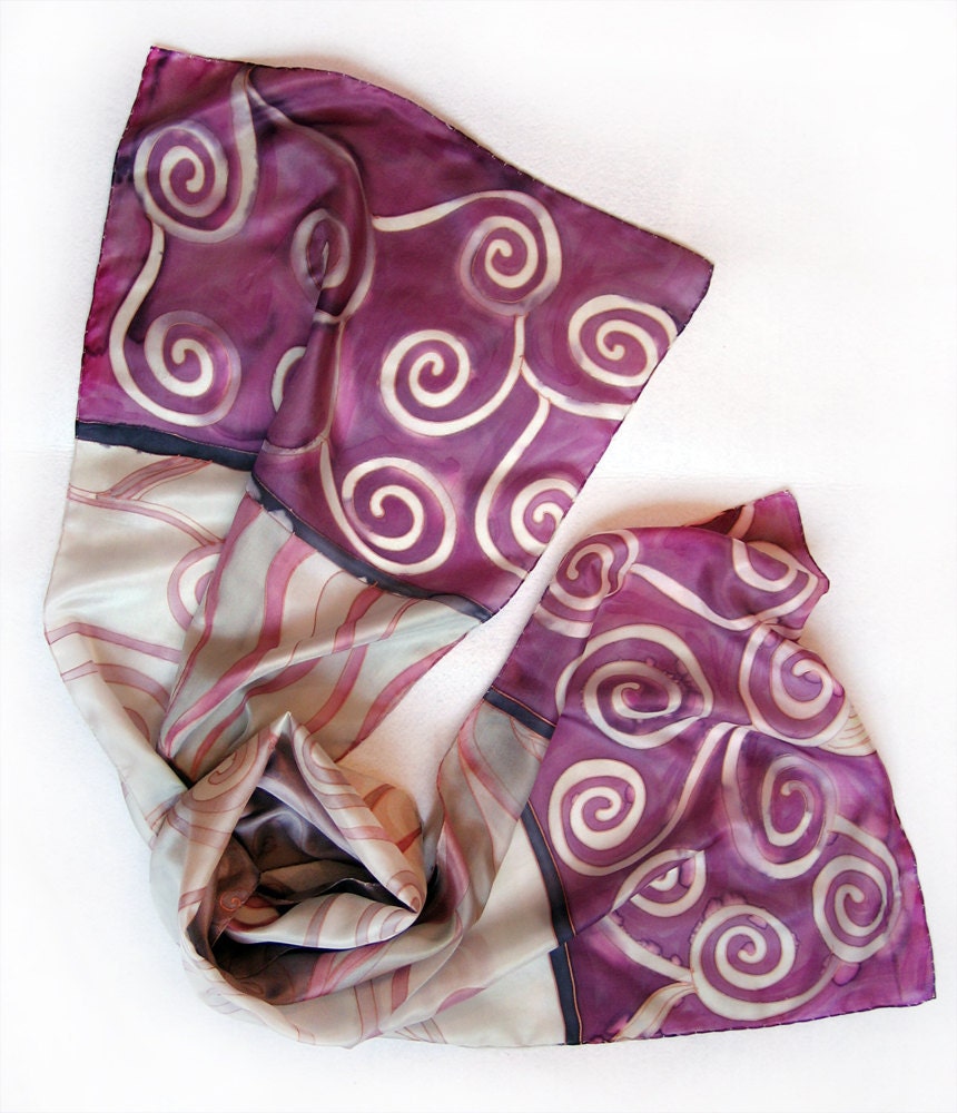 Hand painted silk scarf Light green Spirals in purple background