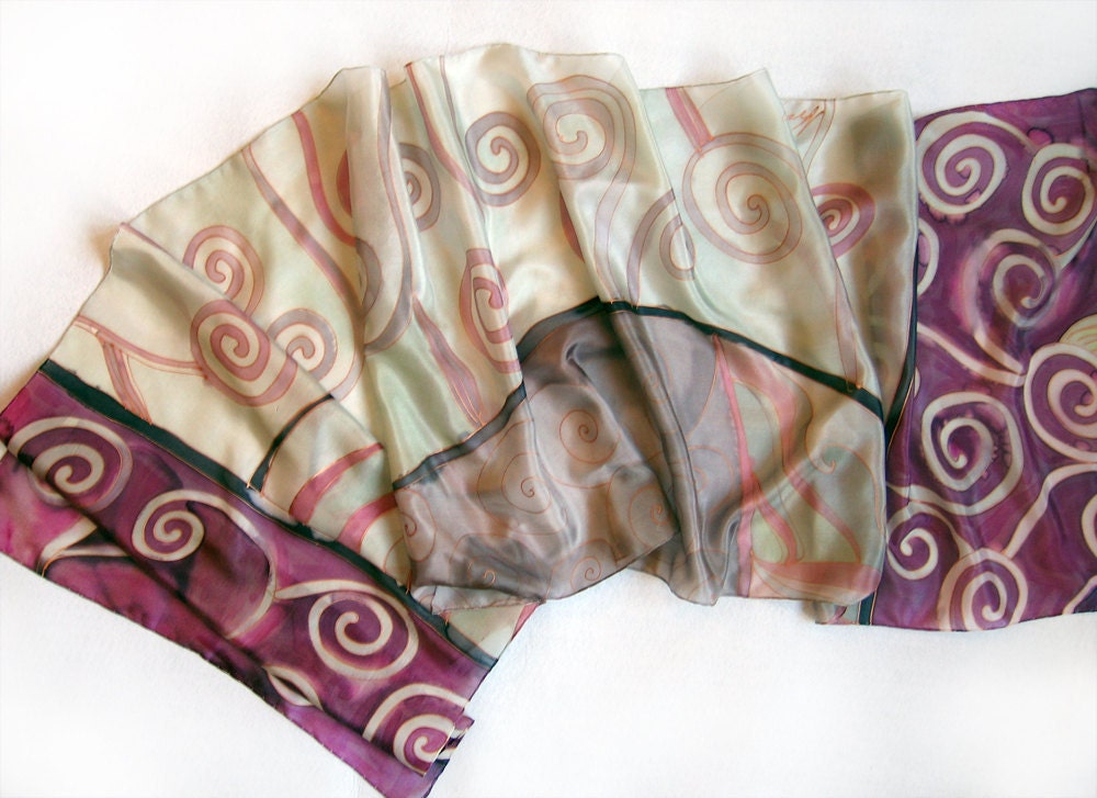 Hand painted silk scarf Light green Spirals in purple background