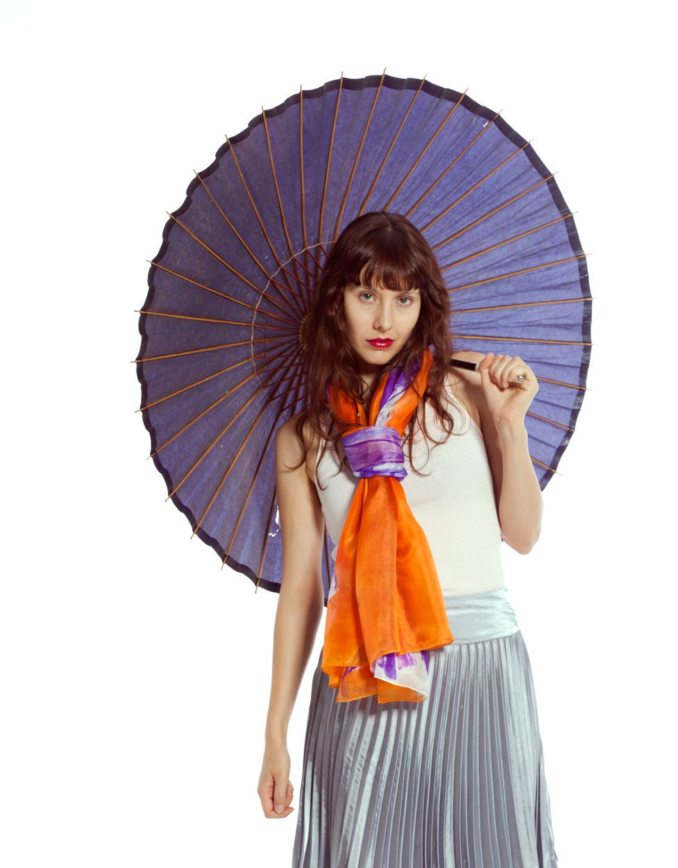 Scarf  silk hand painted in orange and violet purple Abstract flowers scarf by Dimo-Violet Tulips in Orange-Wearable art-