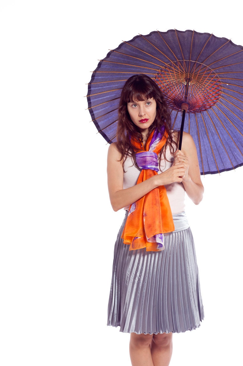 Scarf  silk hand painted in orange and violet purple Abstract flowers scarf by Dimo-Violet Tulips in Orange-Wearable art-