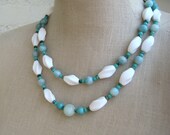 White Blue Aqua Seafoam Green Simone double strand  vintage bead necklace Turquoise Milk Glass