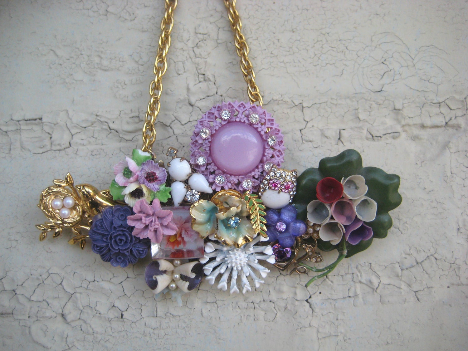 Purple lavender garden Vintage Brooch Collage necklace Spring  Owl Upcycled Repurposed  Shabby Chic OOAK