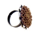 Chocolate Brown Chrysanthemum Cocktail Ring -Flower Floral Large Adjustable Mum
