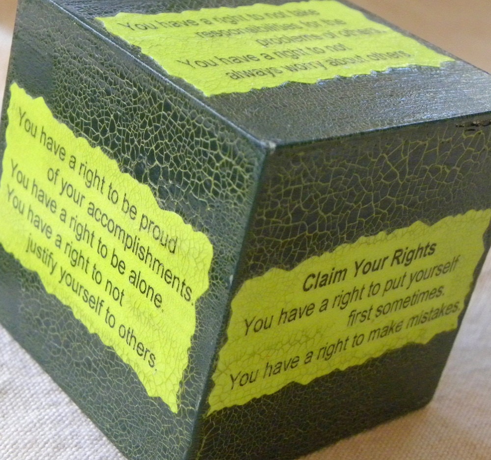 Wooden Block green Claim Your Rights hand made by Maine Artist Beth Doan