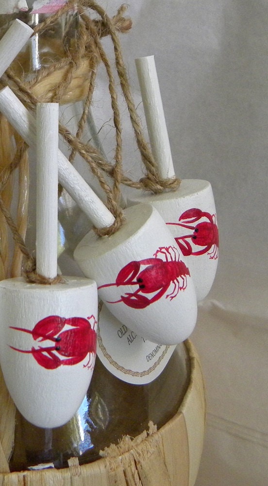 lobster buoys wedding favors decorations nautical wine bottle charms set of 3  hand painted by Maine Artist Beth Doan